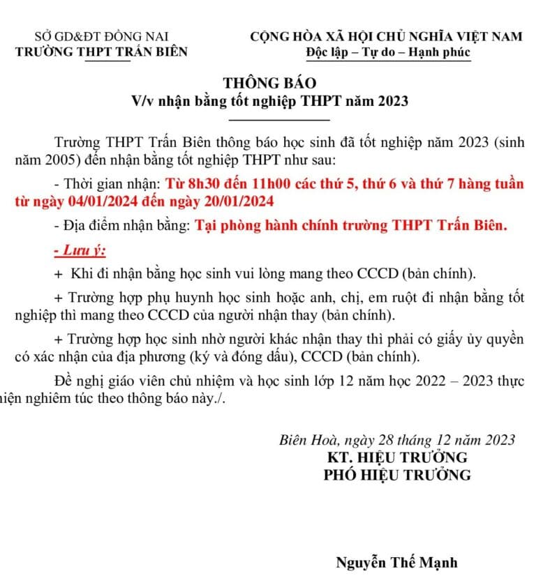 THÔNG BÁO  V/v nhận bằng tốt nghiệp THPT năm 2023 (học sinh có năm sinh 2005)