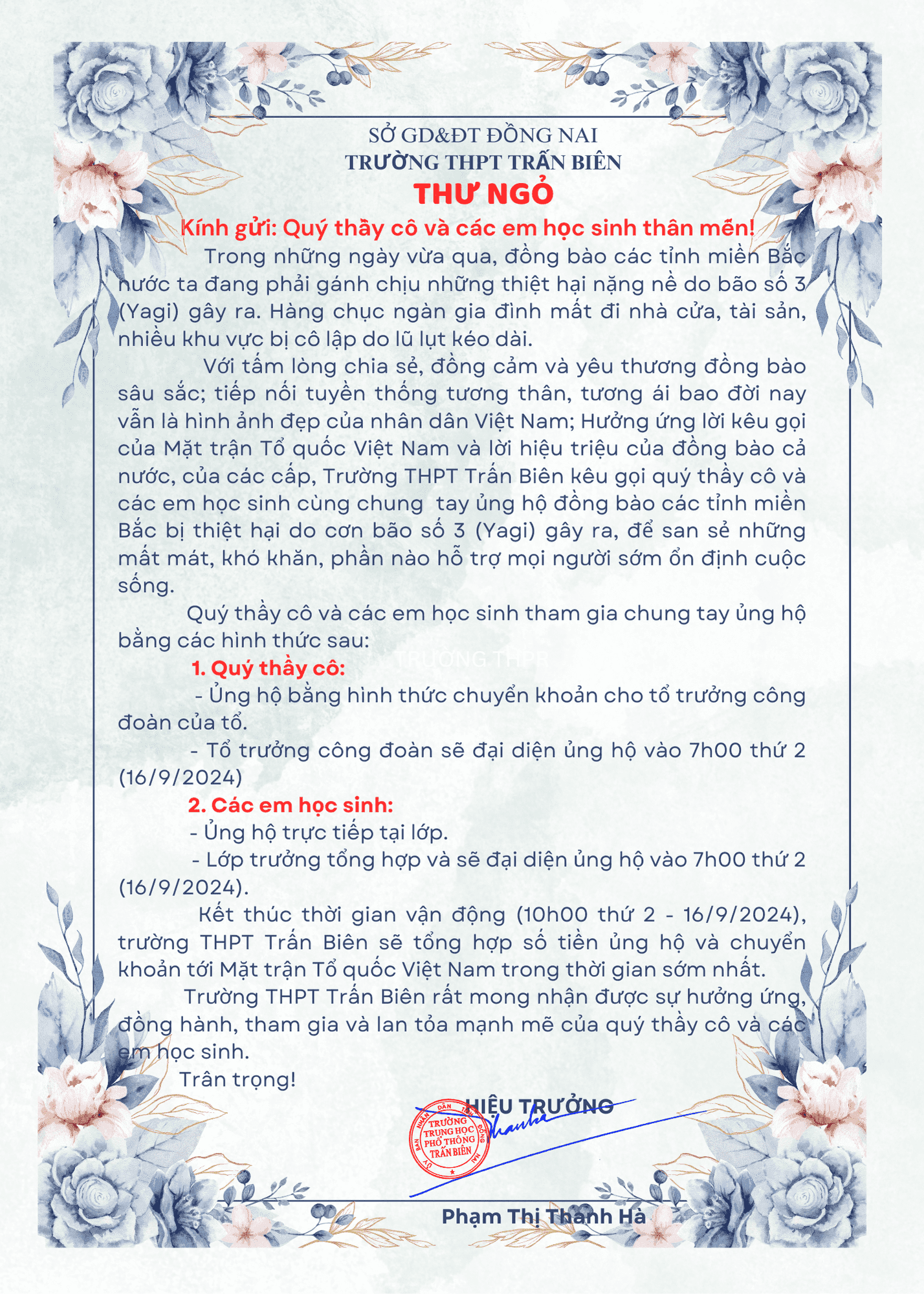 Thư ngỏ kêu gọi ủng hộ đồng bào các tỉnh miền Bắc bị thiệt hại do cơn bão số 3 (Yagi)