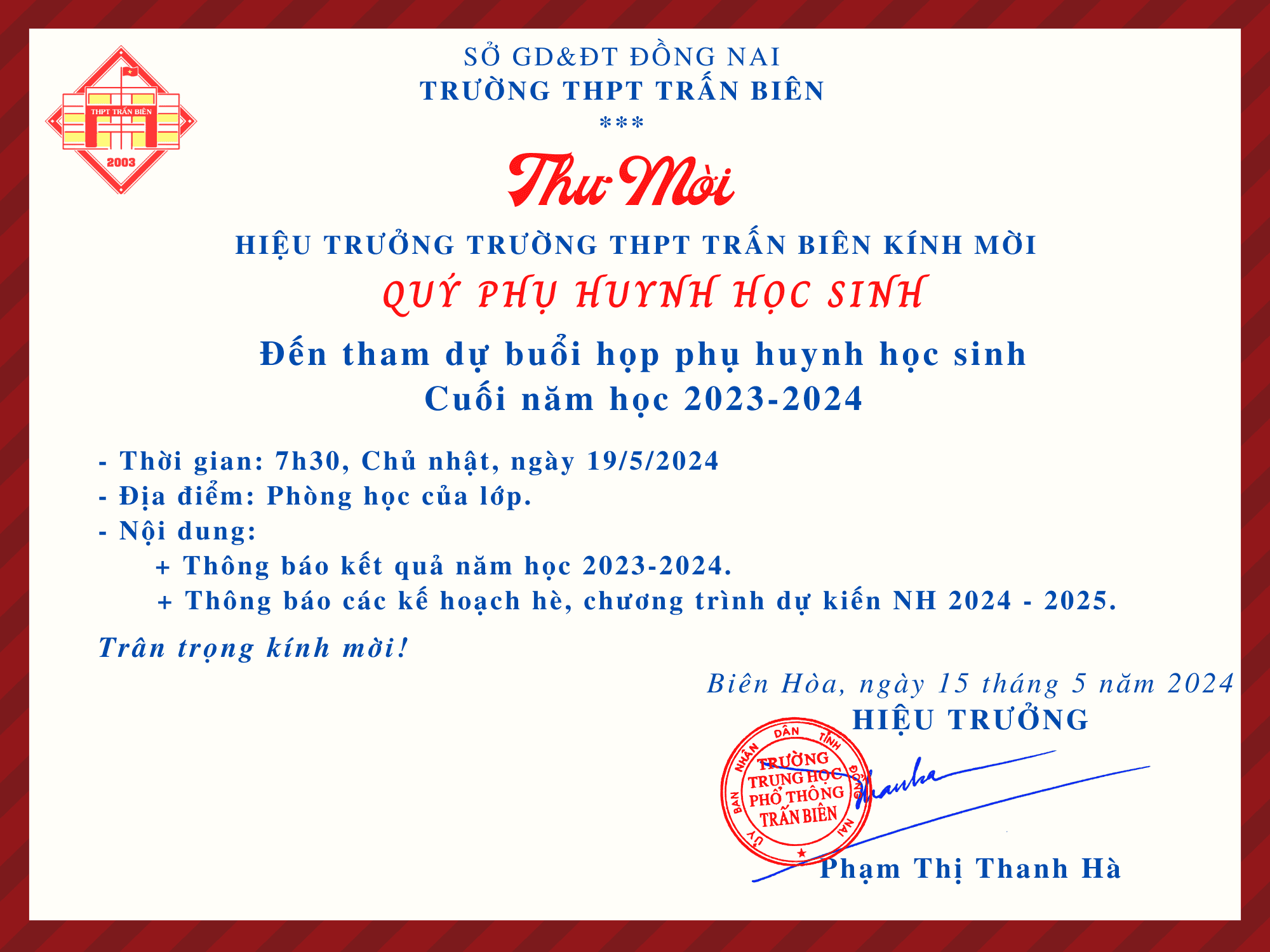 Thư mời họp phụ huynh cuối năm học 2023-2024