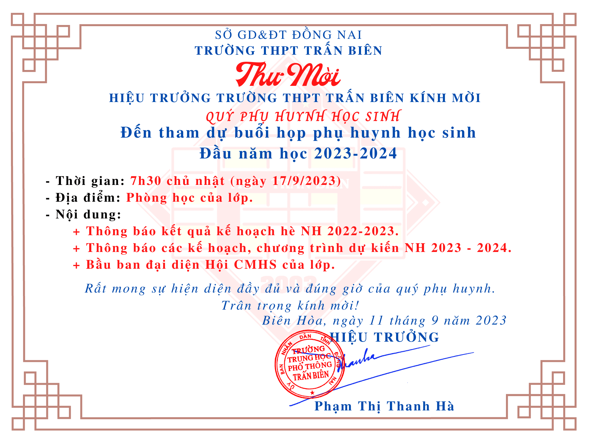 Thư mời họp phụ huynh học sinh đầu năm học 2023 – 2024