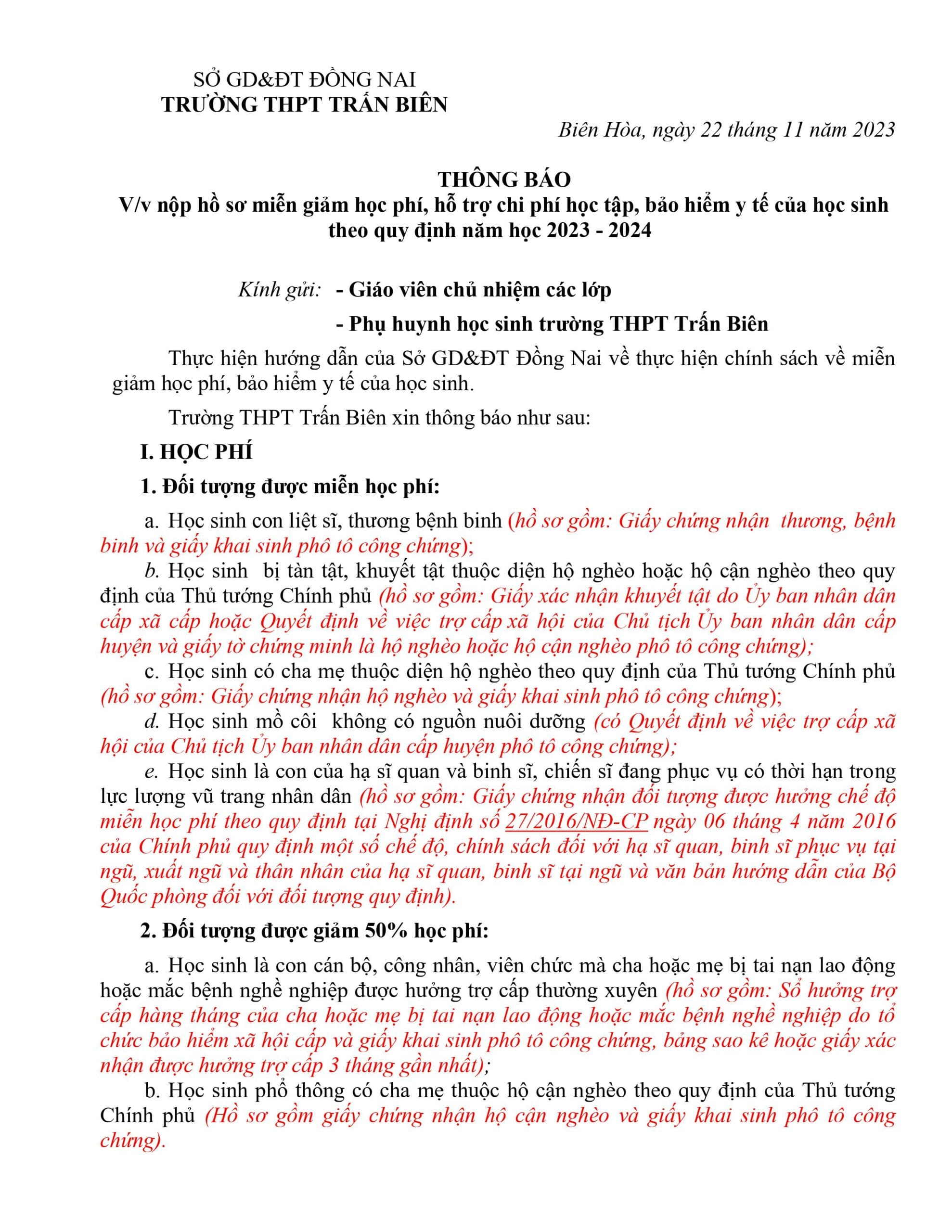 Thông báo v/v nộp hồ sơ miễn giảm học phí, hỗ trợ chi phí học tập, bảo hiểm y tế của học sinh theo quy định năm học 2023 – 2024
