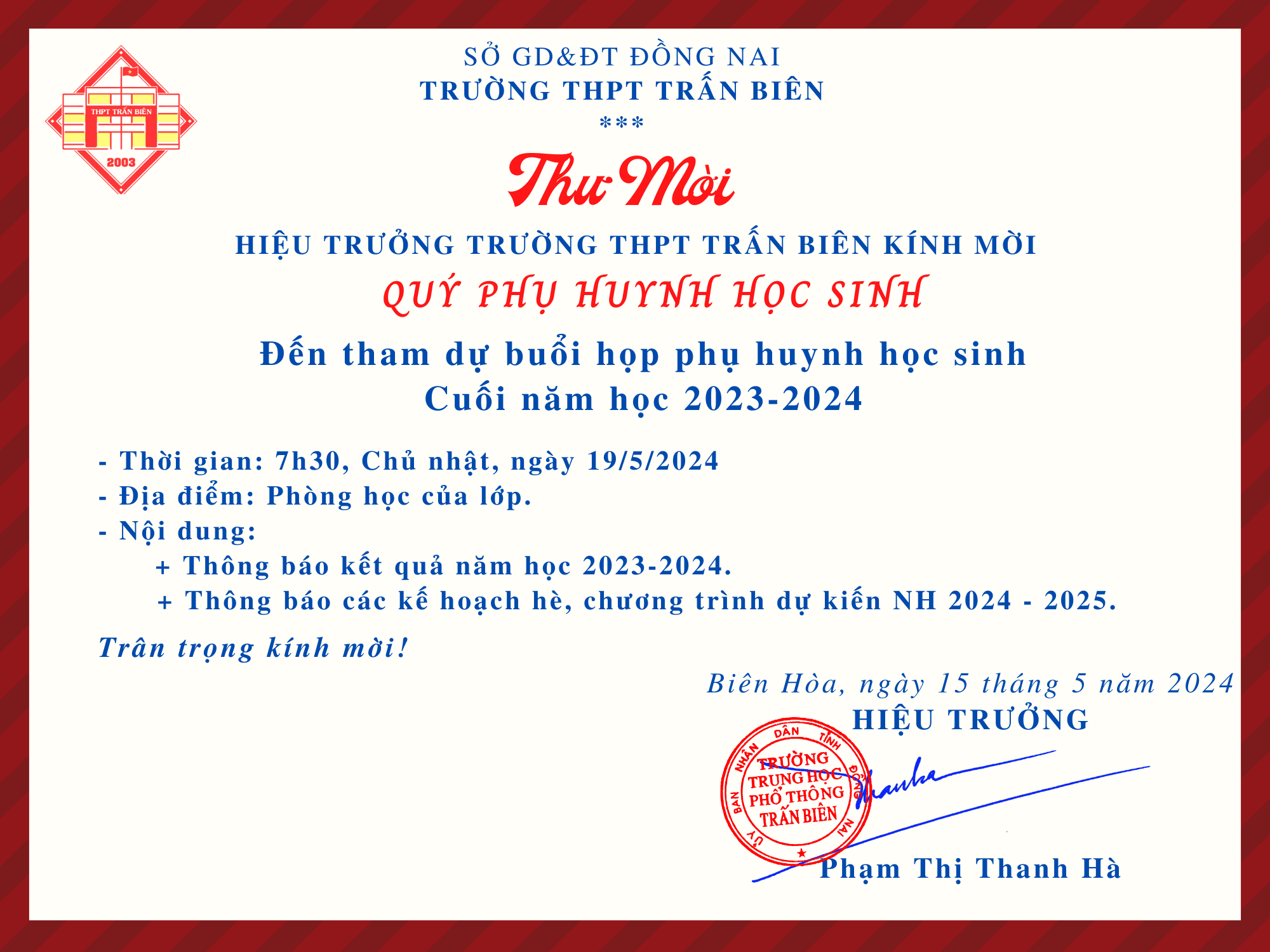 Thư mời họp phụ huynh cuối năm học 2023-2024