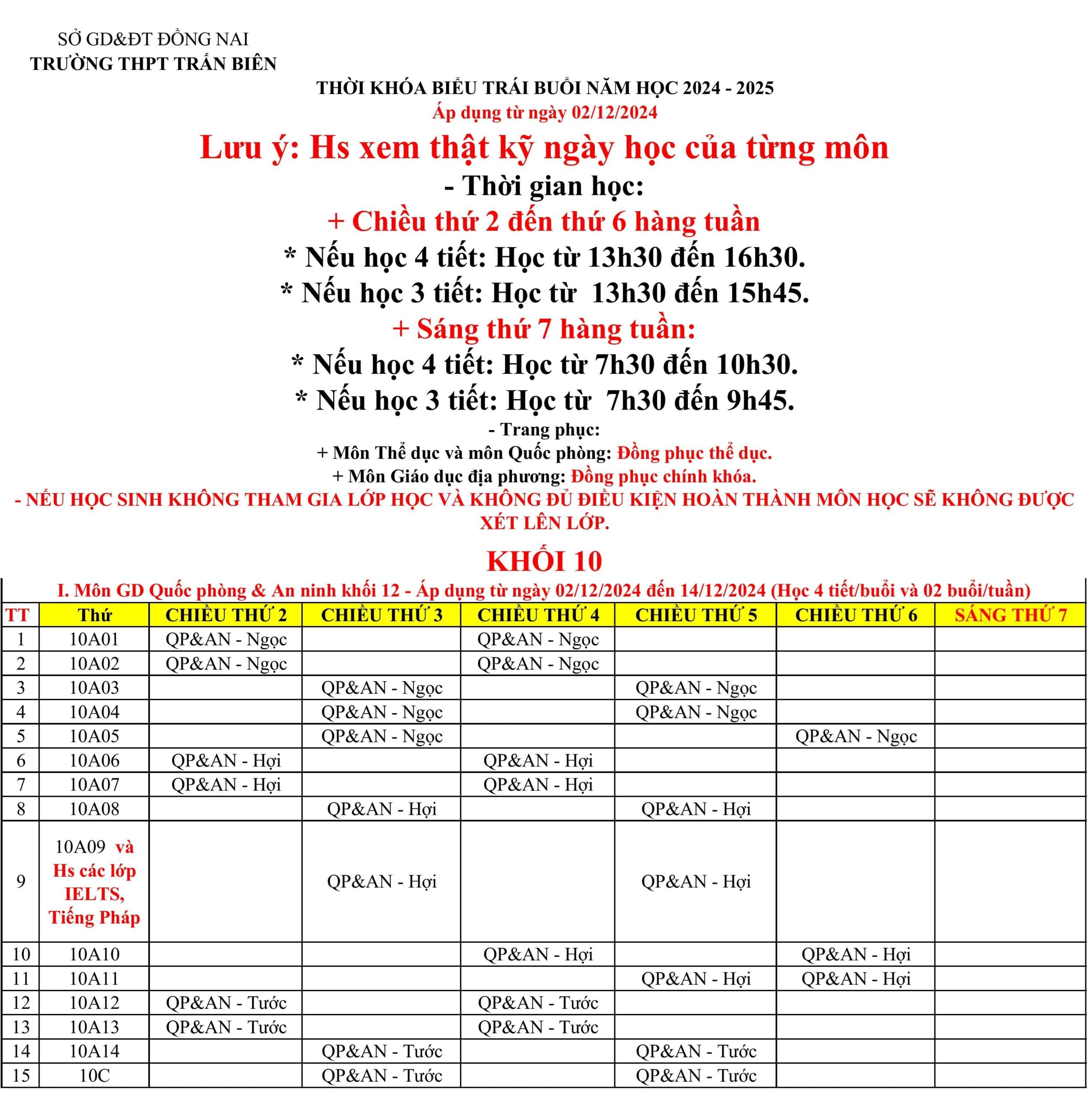 Lịch học môn Giáo dục Quốc phòng và An ninh Khối 10 HK 1 Nh 2024-2025