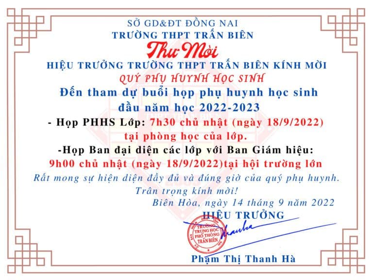 Thư mời họp Phụ huynh học sinh 3 khối đầu năm học 2022-2023