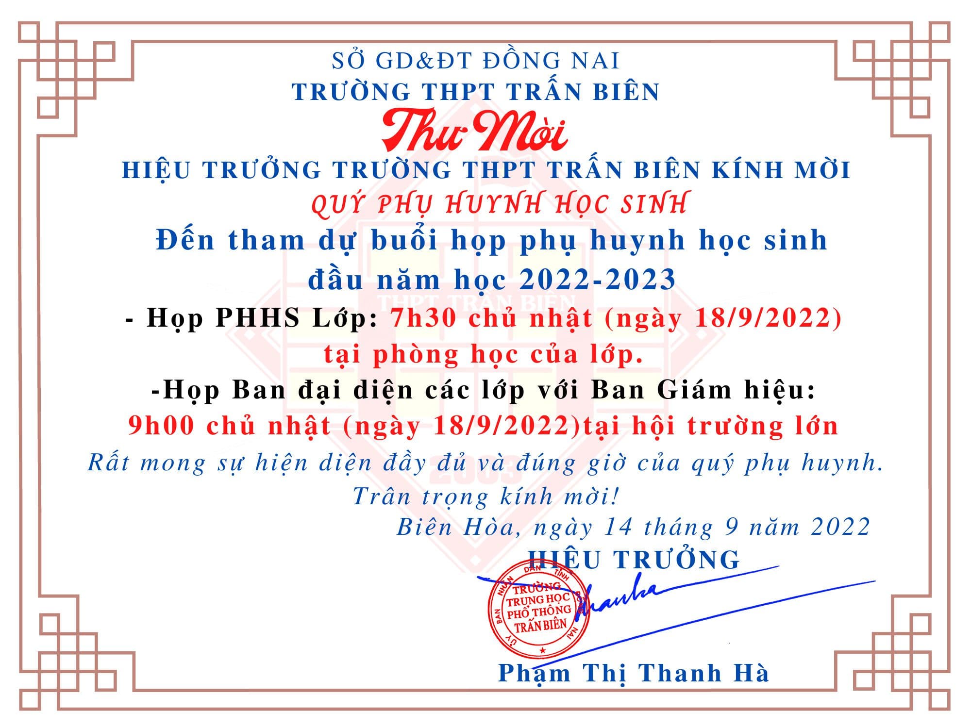 Thư mời họp Phụ huynh học sinh 3 khối đầu năm học 2022-2023