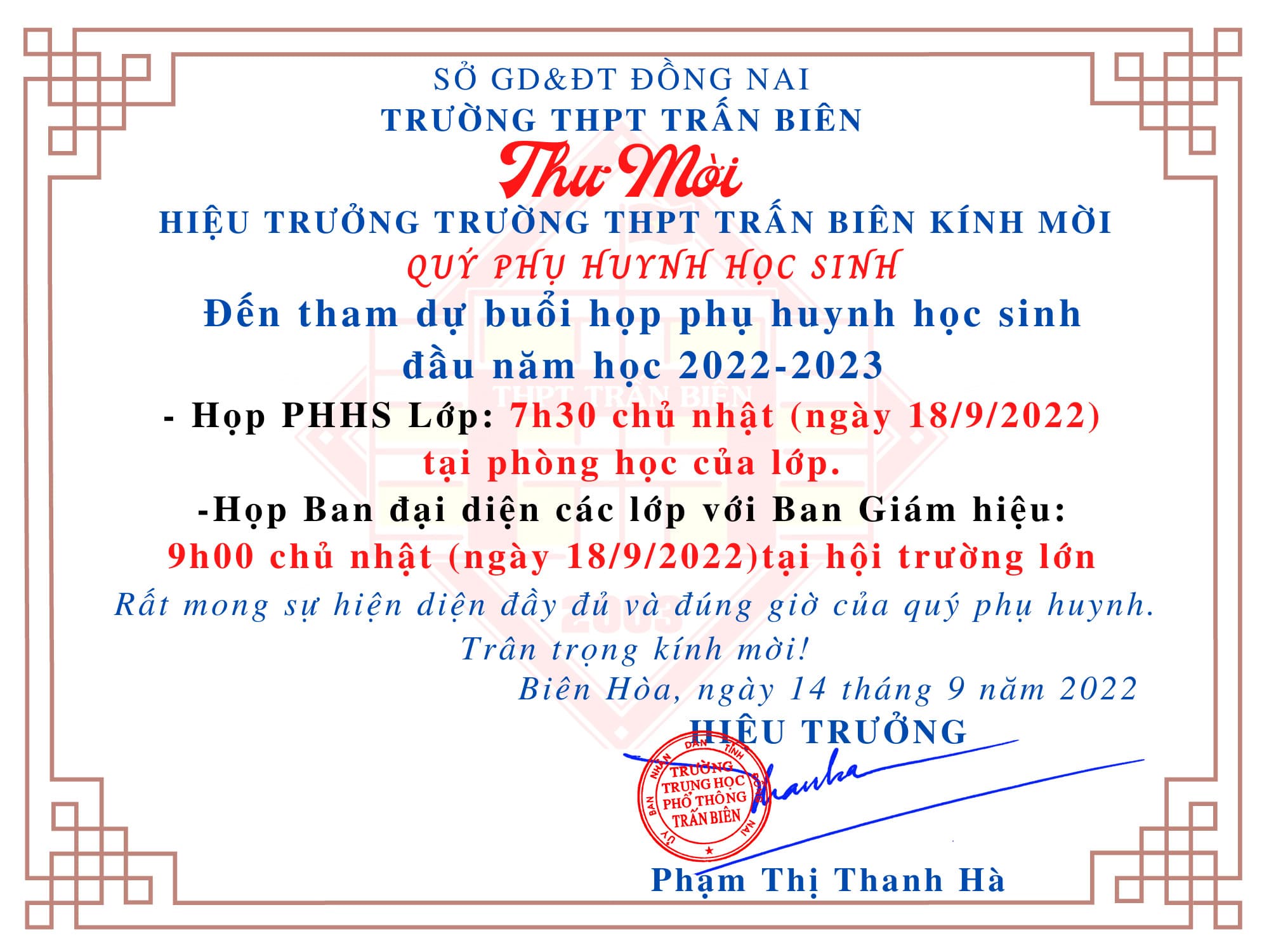 Thư mời họp Phụ huynh học sinh 3 khối đầu năm học 2022-2023